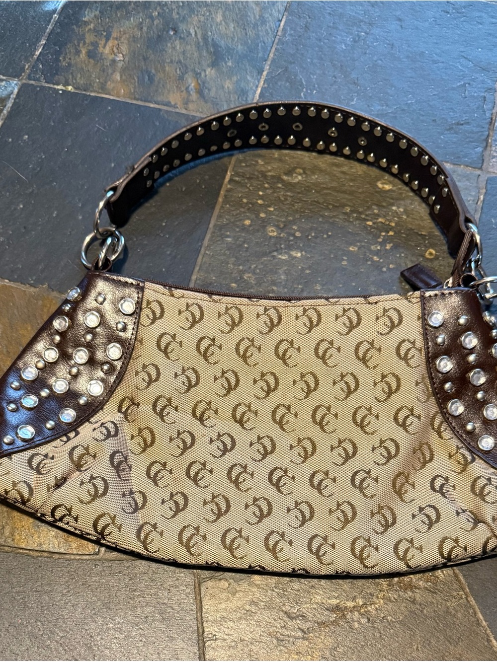 G by Guess Beige Canvas Shoulder Bag with Brown Trim and Studs